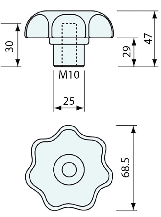 #52448 Knob 68mm dia M10 Brass Internal