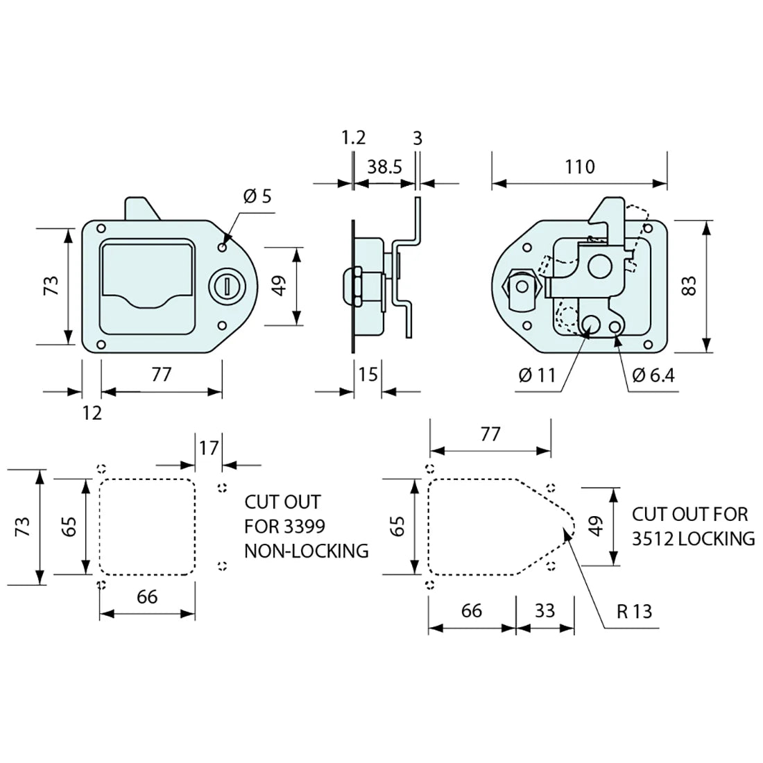 #53399 Paddle Latch Side Hook Non Locking Stainless Steel