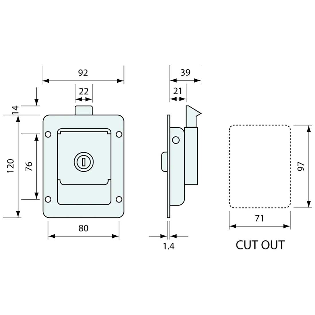 53362 - Paddle Latch Key Locking Medium Stainless Steel Unbuffed 121mm