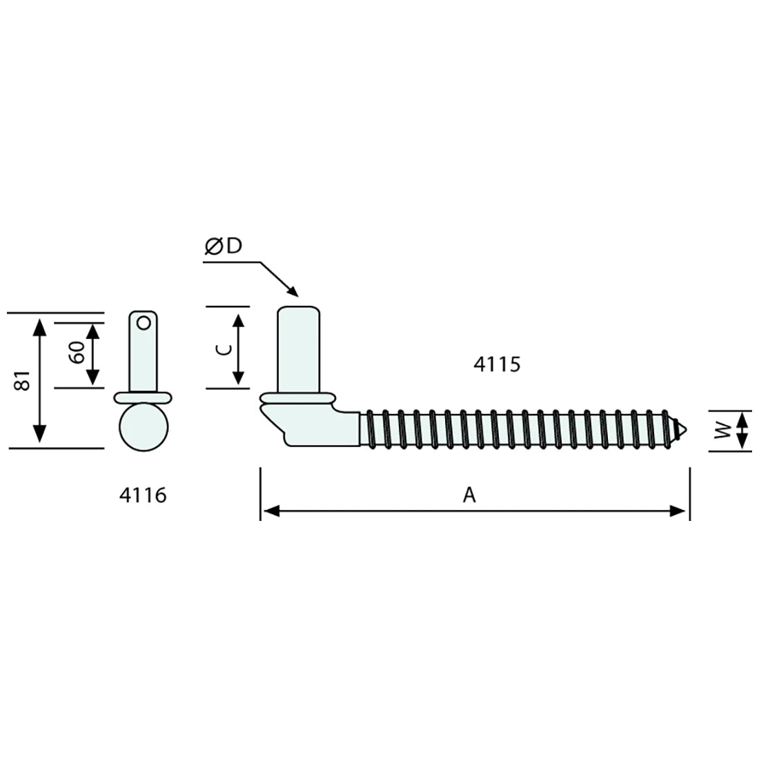 54115 - Screw Gudgeon Zinc Plated 16mm Pin