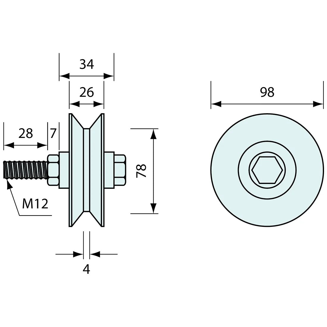 55414 - #55414 V GROOVE GATE ROLLER ZP 100MM